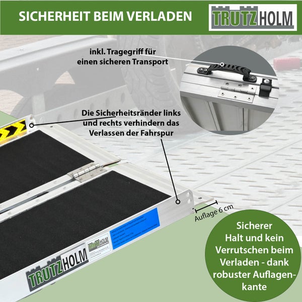 Trutzholm Logo. Auffahrrampe aus Aluminium mit Tragegriff, Sicherheitsrändern, Antirutschoberfläche und 6 Zentimeter Auflagekante.