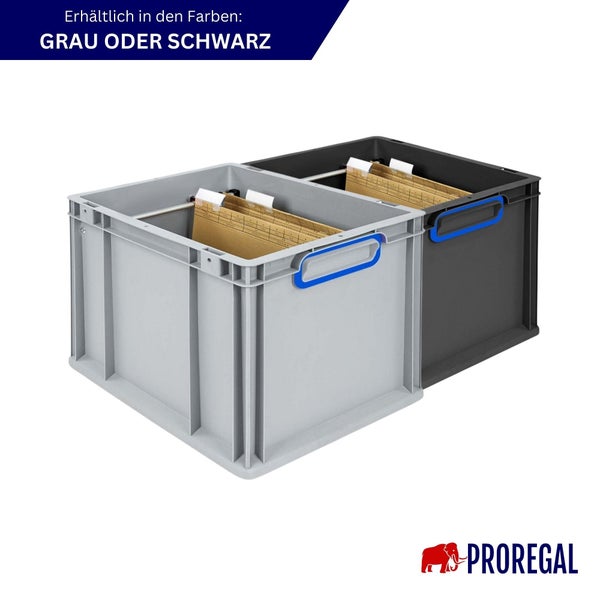 Zwei graue und schwarze Regalkisten mit Akten und Proregal Logo