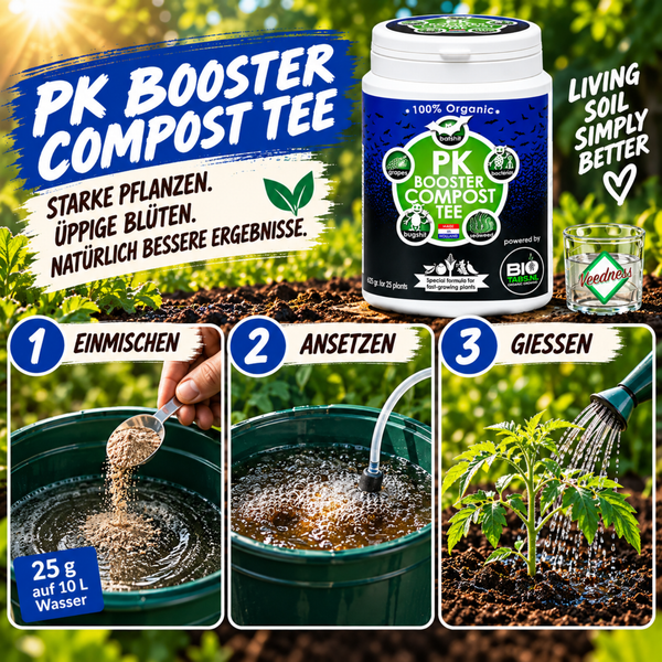 PK Booster Compost Tee BioTabs organische Pflanzennahrung für starkes Pflanzenwachstum und Blütenbildung in drei einfachen Schritten angewendet.