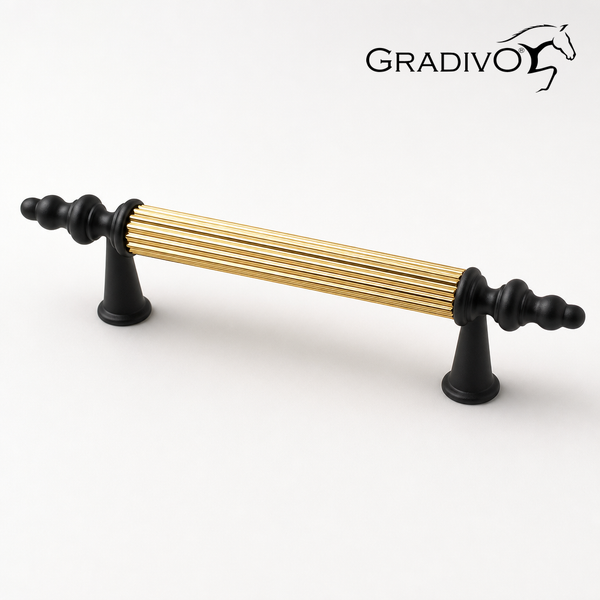 Möbelgriff mit geriffelter Stange in Gold-Optik und schwarzen dekorativen Enden, Gradivo Logo.