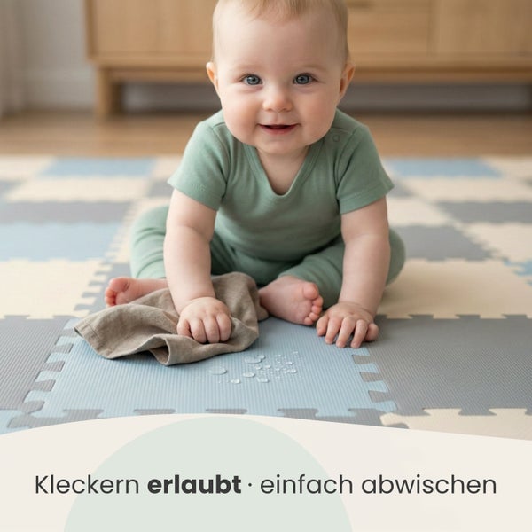 Baby sitzt auf einer wasserabweisenden Puzzlematte und wischt Flüssigkeit mit einem Tuch ab.