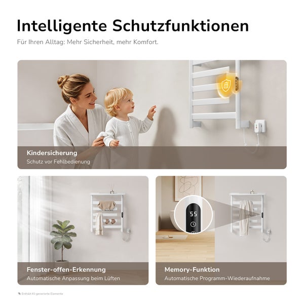 Infografik zu den Schutzfunktionen eines elektrischen Handtuchheizkörpers inklusive Kindersicherung Fenster offen Erkennung und Memory Funktion