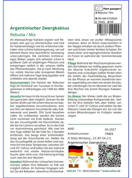 SAFLAX Garden in the bag - Argentinischer Zwergkaktus - Rebutia / Mix - 40 Samen - Mit Anzuchtsubstrat im praktischen, selbst aufstellenden Beutel
