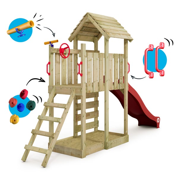 WICKEY Spielturm Klettergerüst JoyFlyer mit Rutsche, Kletterturm mit Sandkasten, Leiter und Spiel-Zubehör - rot