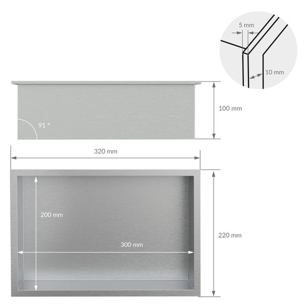LuxeBath Wandnische aus Edelstahl, 20x30x10 cm, Silber, Duschnische mit Rahmen, Einbauregal, Flexibler Einbau, Befliesbare Nische für Badutensilien, Duschablage, Einzelregal Lagerung für Badezimmer