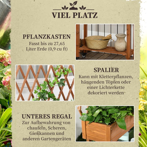 Outsunny Hochbeet mit Rankgitter, Blumenkasten mit Ablage, Pflanzkübel mit Rollen, Pflanzkasten für Terrasse, Balkon, Massivholz, Braun, 79 x 29 x 130 cm