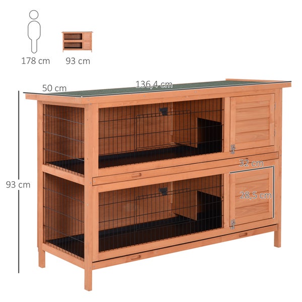 PawHut Kleintierstall Kleintierkäfig Kleintierhaus Meerschweinchenstall doppelstöckig Tannenholz Orange 136,4 cm x 50 cm x 93 cm