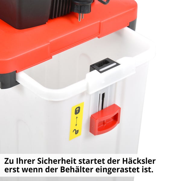 Sicherheitshinweis: Der Häcksler startet erst, wenn der Behälter eingerastet ist.