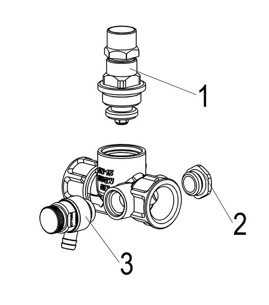 Technische Zeichnung eines Ventilgehäuses mit nummerierten Einzelteilen: Ventileinsatz, Verschlusskappe und Entleerungsventil.