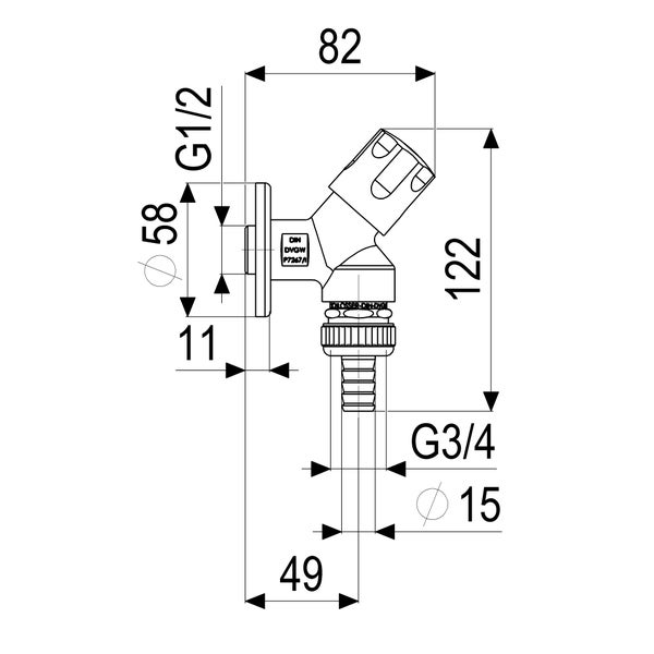 Technische Zeichnung einer Gartenarmatur mit Maßen in Millimetern und Anschlüssen in G 1/2 und G 3/4 Zoll.
