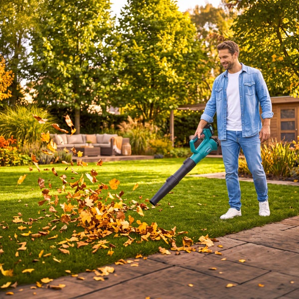 Ein Mann nutzt einen akkubetriebenen Laubbläser, um herabgefallene Blätter auf einem Rasen im Garten zusammenzutragen.