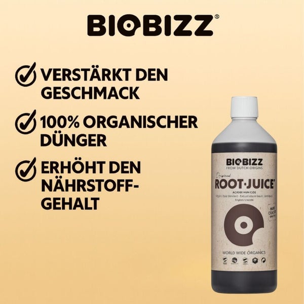 BioBizz Logo, Flasche BioBizz Root Juice mit Hinweisen auf Geschmacksverstärkung, 100 Prozent organischen Dünger und erhöhten Nährstoffgehalt.
