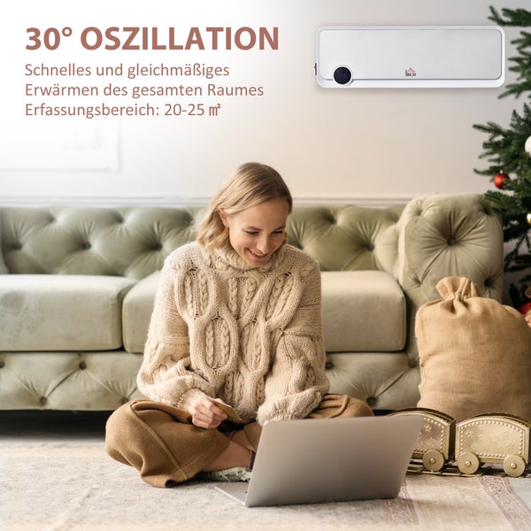 Wand-Elektroheizung mit 30 Grad Oszillation für schnelles Erwärmen von Räumen von 20 bis 25 Quadratmetern, in hellem, gemütlichem Wohnzimmer.
