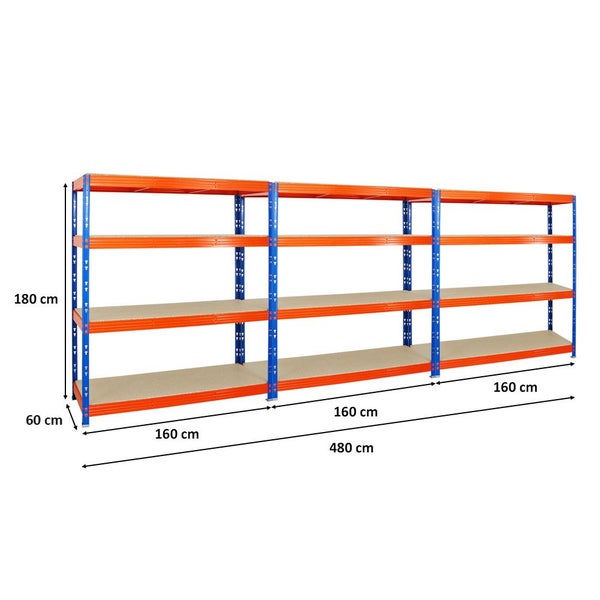 PROREGAL Mega Deal 3x Profi Schwerlastregal Rhino HxBxT 180 x 160 x 60 cm 4 Spanplatten-Ebenen 16mm Fachlast 500 kg Blau-Orange