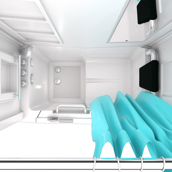 Draufsicht auf eine weiße begehbare Badewanne mit Sitz, verchromten Armaturen, Haltegriffen, schwarzen Kissen und einem türkisfarbenen Duschvorhang.