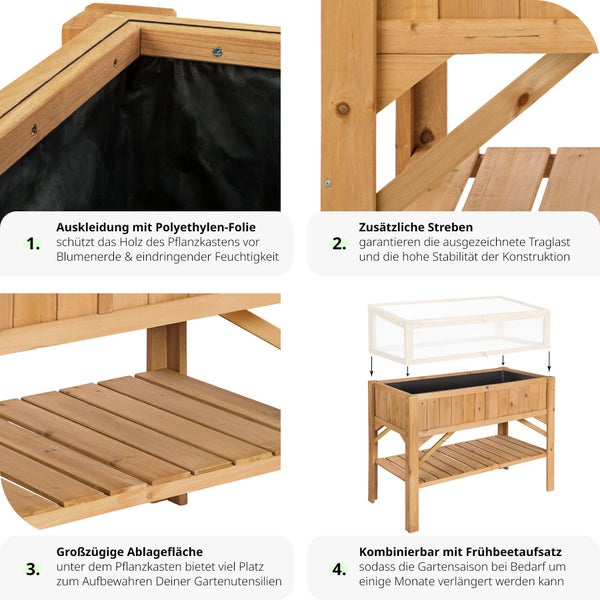 Hochbeet tectake  119 x 57 x 90 cm aus Holz, mit Ablage braun