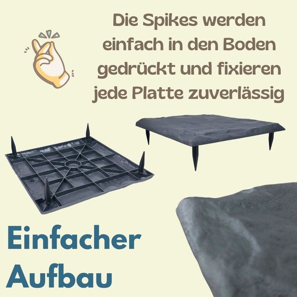 Quadratische Gartenplatte in Steinoptik mit integrierten Erdspießen an der Unterseite für eine einfache Fixierung im Boden.