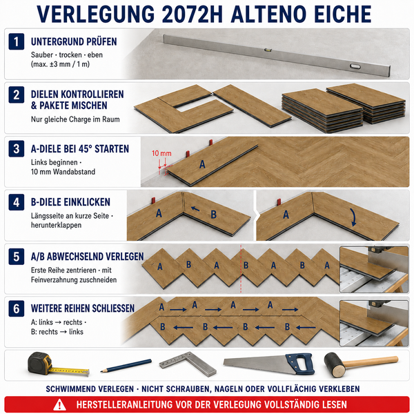 Schritt-für-Schritt-Anleitung zur schwimmenden Verlegung von Alteno Eiche Bodenbelag im Fischgrätmuster mit notwendigen Werkzeugen.