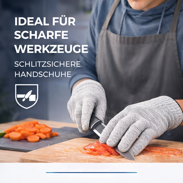 Person trägt schlitzsichere Handschuhe beim Schneiden von Gemüse mit einem Messer in der Küche. Ideal für scharfe Werkzeuge.