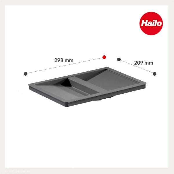 Grauer Hailo Kunststoffdeckel, Abmessungen 298 Millimeter mal 209 Millimeter.