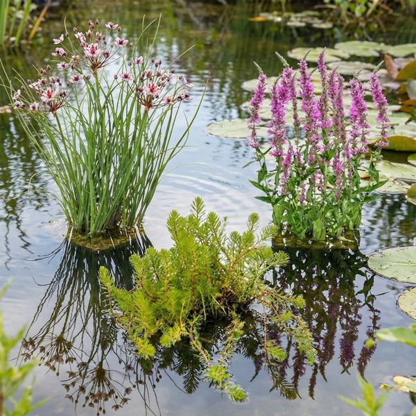 Verschiedene Teichpflanzen wie Schwanenblume und Blutweiderich in einem Gartenteich mit Seerosenblättern.