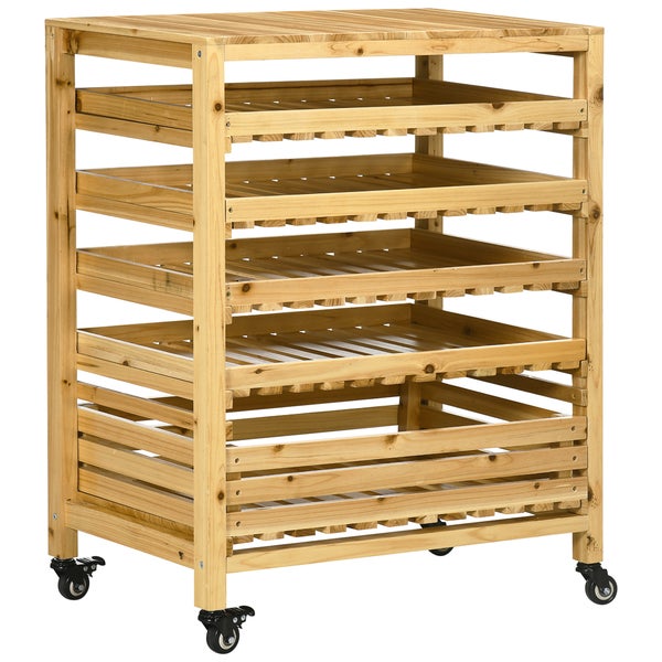 Outsunny Obsthalter mit Rädern, Gemüseregal mit 5 Regalen, Obstkorbständer, Aufbewahrungswagen, für Gemüse, Obst, bis 20 kg Belastbar, aus Tannenholz, Natur