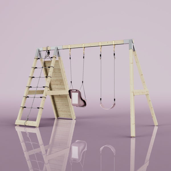 Spielturm aus Holz mit zwei Schaukeln, einer Strickleiter, einem Kletternetz und einer Kletterwand.