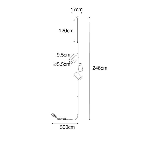 Abmessungen der Stehlampe: Höhe 246 cm, Kabellänge 300 cm, Lampenschirmdurchmesser 5,5 cm, Lampenschirmtiefe 9,5 cm