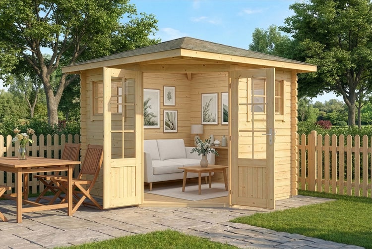 Helles Gartenhaus aus Naturholz mit Eck-Eingang, möblierter Innenraum, Steinterrasse und Holzzaun in einem grünen Garten.