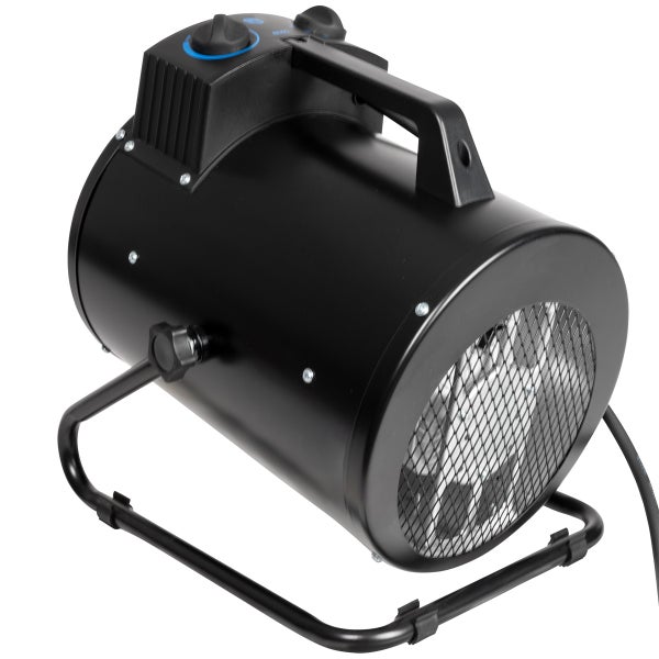 Güde Elektroheizgebläse 5 Kilowatt in Schwarz mit Tragegriff und verstellbarem Standfuß.