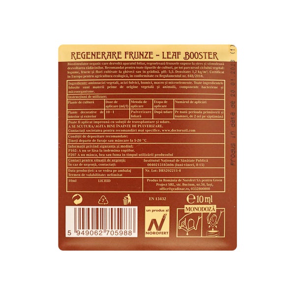 Dr.Soil LEAF BOOSTER, Natürlicher Regenerator für grüne Blätter, Einzeldosis von 10ml für 1L Spritzlösung
