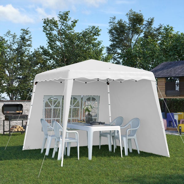 Outsunny Faltpavillon 2,4 x 2,4m Pavillon mit Seitenwand höhenverstellbar Partyzelt mit UV-Schutz, Faltzelt mit Tragetasche für Garten, Balkon, Oxford, Stahl, Weiß