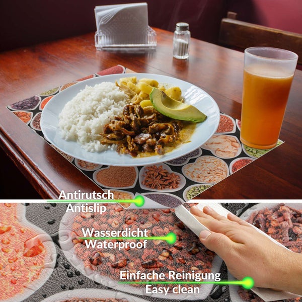 Platzset mit Gewürzen im Herz-Design auf einem Holztisch, rutschfest, wasserdicht und leicht zu reinigen.