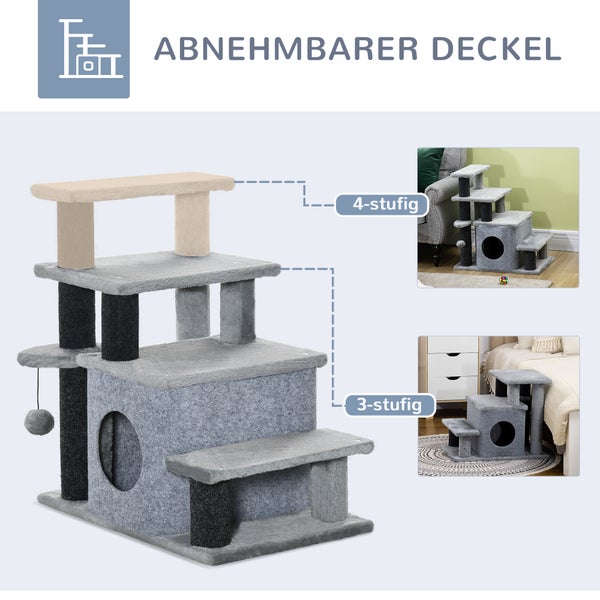 PawHut Haustiertreppe, 3/4-stufige höhenverstellbare Katzentreppe mit Schlafhöhle 2 in 1 praktische Hunderampe für kleine Hunde und Katzen Einstieghilfe für hohe Betten Sofa Grau 60 x 40 x 66 cm