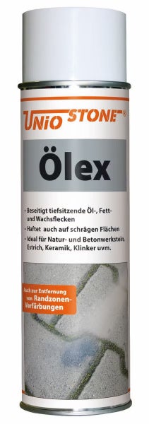 Dose Unio Stone Ölex zur Entfernung von tiefsitzenden Öl-, Fett- und Wachsflecken auf Natur- und Betonwerkstein, Estrich und Keramik.