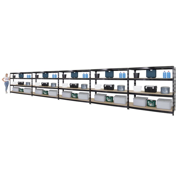 PROREGAL Mega Deal 5x Profi Schwerlastregal Rhino HxBxT 180 x 200 x 60 cm 4 Spanplatten-Ebenen 16mm Fachlast 500 kg Schwarz