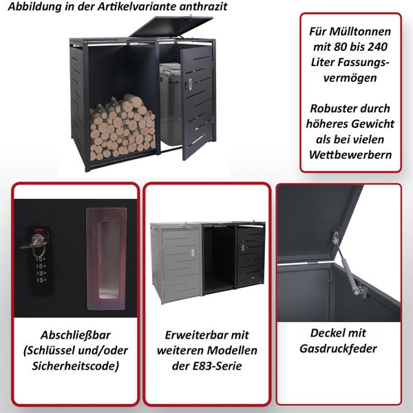Mülltonnenbox mit Holz und Mülltonne, abschließbar, erweiterbar und mit Gasdruckfeder