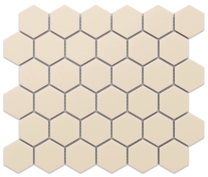 Mosaikfliese in Hexagon-Form aus Feinsteinzeug in Beige.