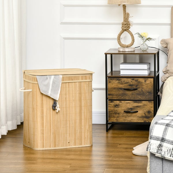 HOMCOM Wäschekorb mit Deckel 90 L Wäschesammler mit Griffen, 2 herausnehmbarer Wäschesack, faltbar, Wäschebox Wäschetonne für Waschküche Schlafzimmer Badezimmer Natur