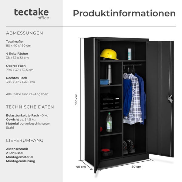 tectake Büroschrank aus Stahl mit geöffneter Tür und Produktinformationen