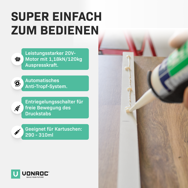 VONROC Akku Kartuschenpresse, Kartuschenpistole [Neues Model] - 20V - 4 Stufen Durchfluss, Silikonpistole ohne Akku und Ladegerät