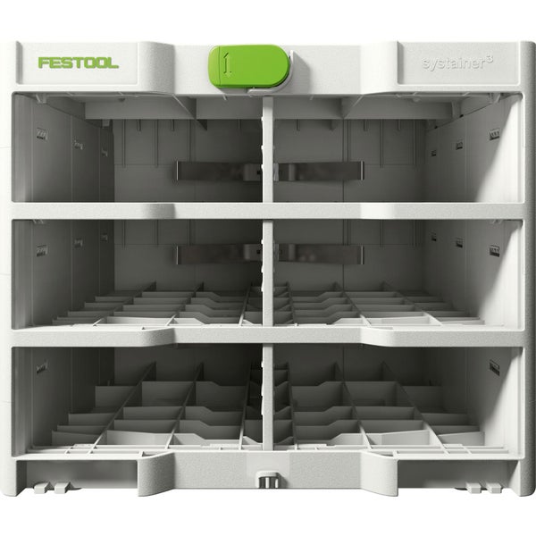 Festool Absaugmobil Cleantec mit gestapelten Systainer Werkzeugboxen in einer hellen Werkstatt.