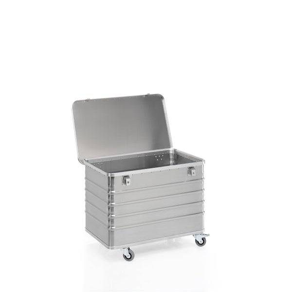 Offene Transportbox aus Aluminium mit vier Rollen und gerippter Oberfläche.