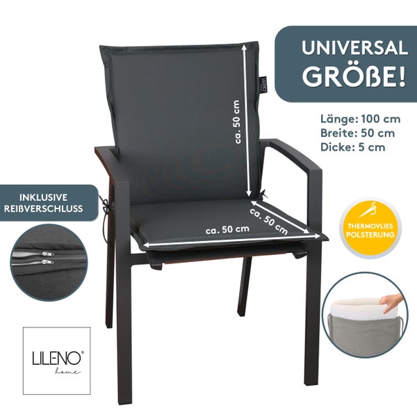 Lileno Home Gartenstuhl-Auflage mit Maßangaben 100 mal 50 Zentimeter, Reißverschluss, Thermovlies-Polsterung und herausnehmbarer Füllung.