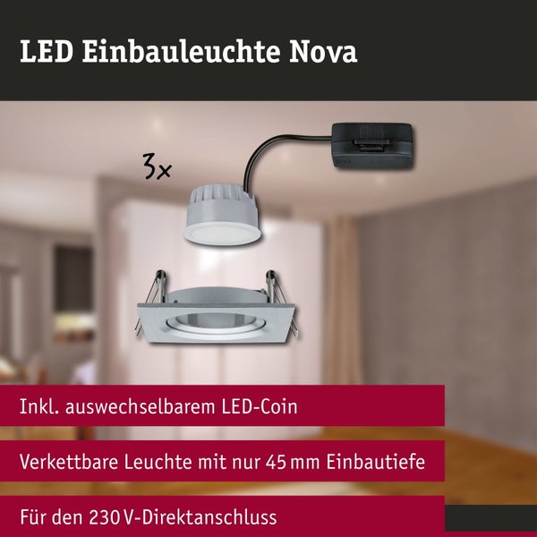 LED Einbauleuchte Nova, 3er-Set, quadratisch, auswechselbarer LED-Coin, verkettbar, 45 Millimeter Einbautiefe, 230 Volt Direktanschluss.