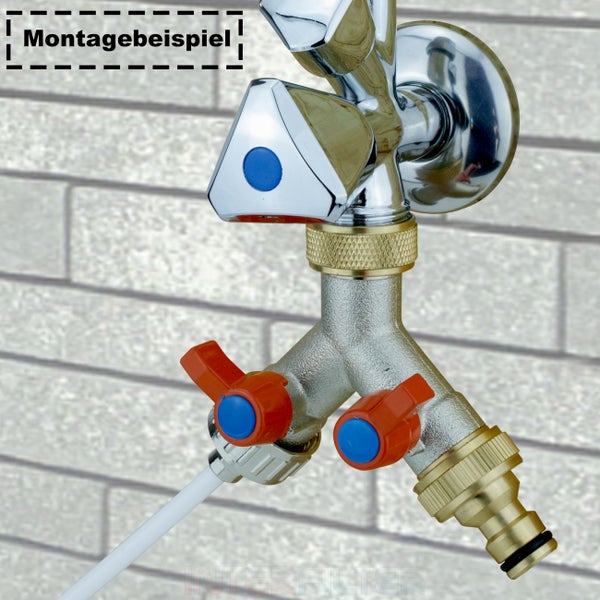 Zweiwegeverteiler aus Metall zur Montage am Wasserhahn mit zwei einzeln regulierbaren Ausläufen und Schlauchanschluss.