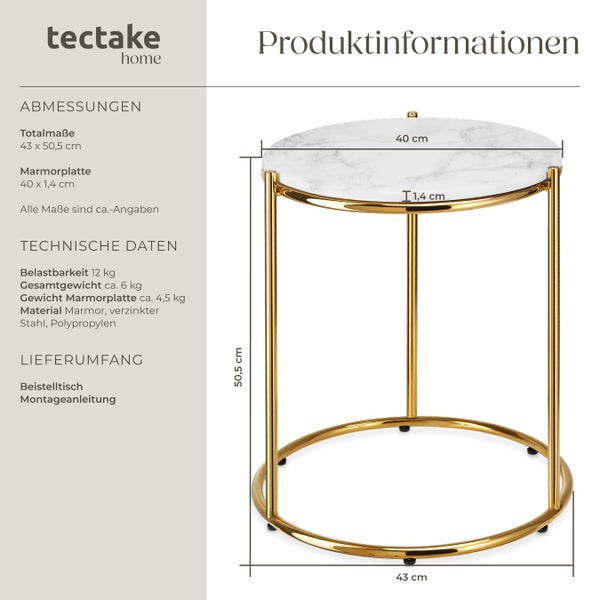 Produktinformationen zu einem Beistelltisch mit Marmorplatte und Metallgestell