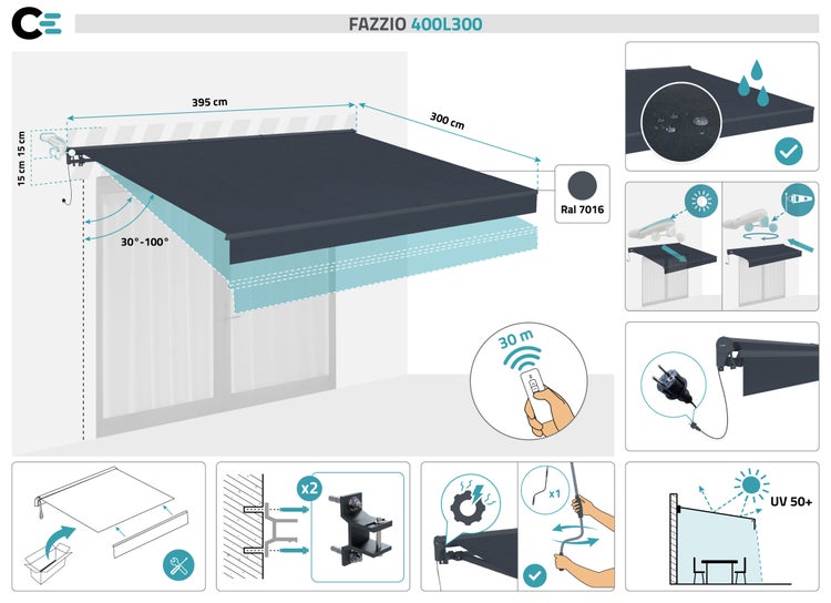 FAZZIO 4x3m Graue motorisierte Halbkassettenmarkise - Premium-Canvas 320 g/m²