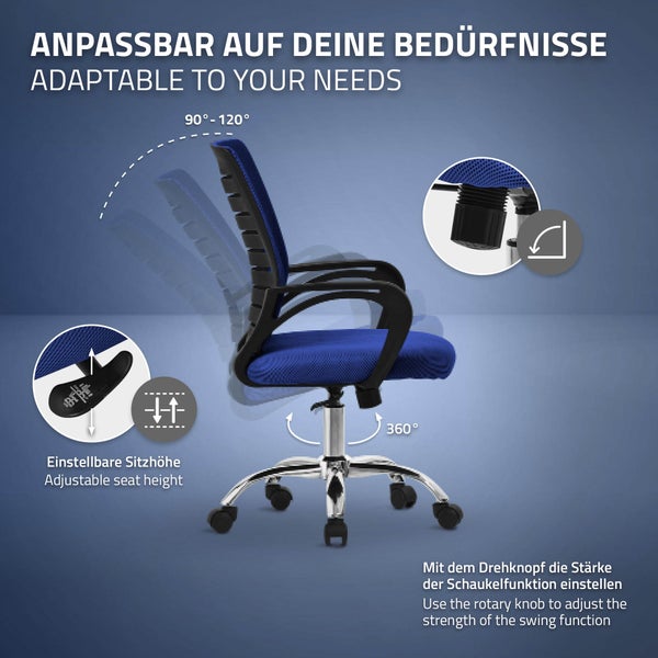ML-Design Bürostuhl ergonomisch, Blau, Höhenverstellbarer Schreibtischstuhl mit Armlehnen, Computerstuhl mit atmungsaktiver Netzbespannung, Wippfunktion, 360° Drehstuhl mit Rollen, Gaming Stuhl