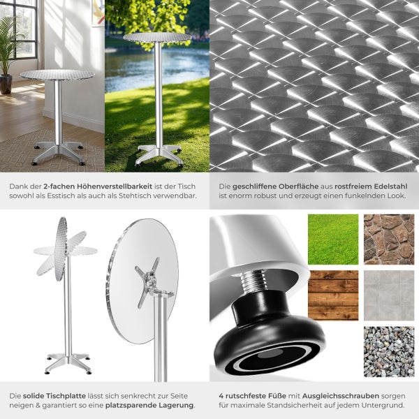 Höhenverstellbarer Stehtisch mit Tischplatte aus Edelstahl und vier Füßen